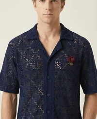 Modenaire Men's Open-Knit Short-Sleeve Embroidered Shirt