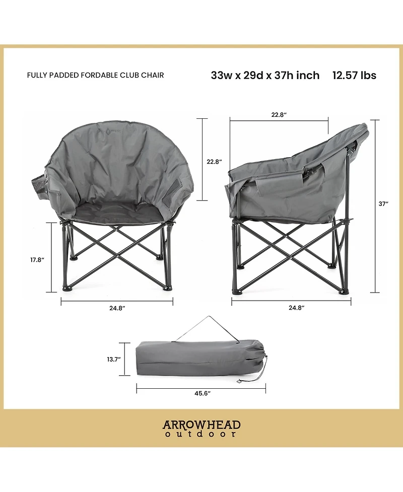 Arrowhead Outdoor 2-Pack Oversized Heavy-Duty Club Folding Padded Moon Camping Chair with Cup Holder and Carrying Bag, Supports 330 lbs