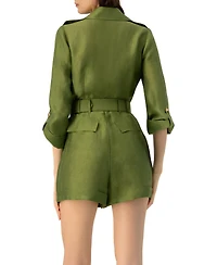 Ivonne Women's Belted Linen Romper with Cargo Patch Pockets