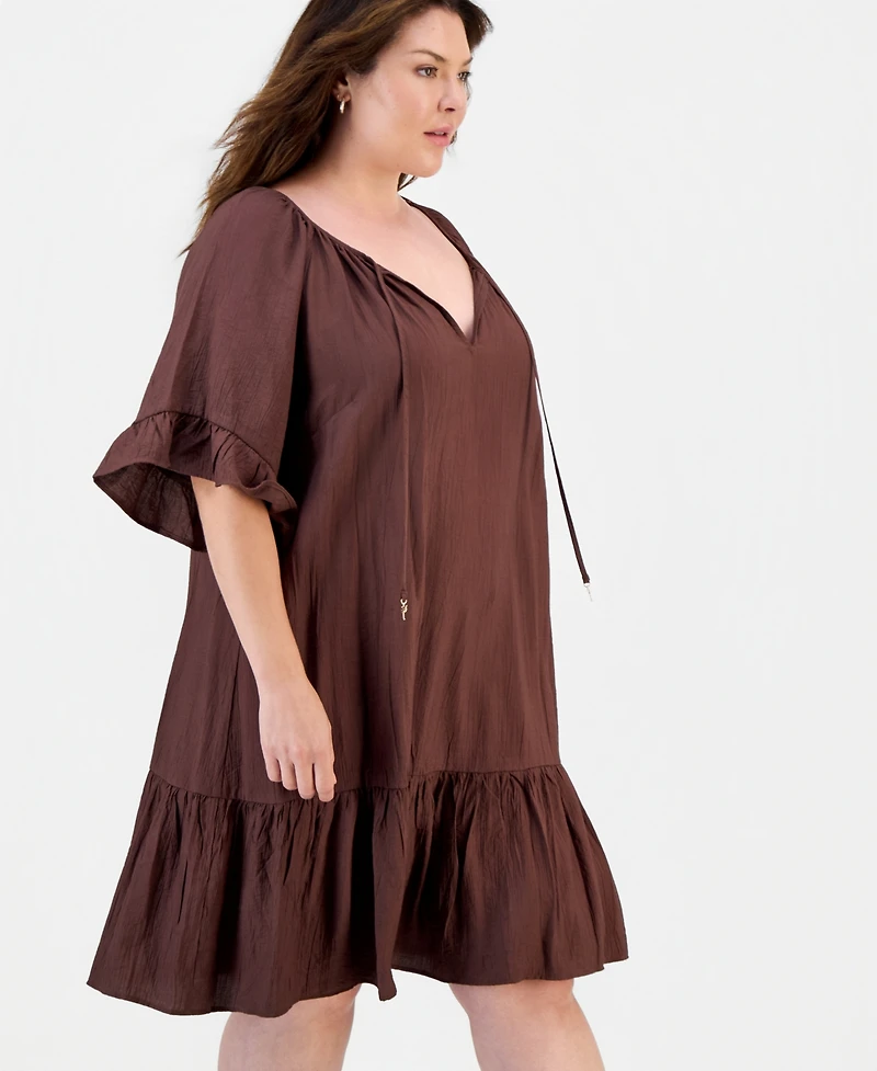 Robbie Bee Plus Ruffle-Hem Bell-Sleeve Split-Neck Dress