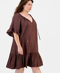 Robbie Bee Plus Ruffle-Hem Bell-Sleeve Split-Neck Dress