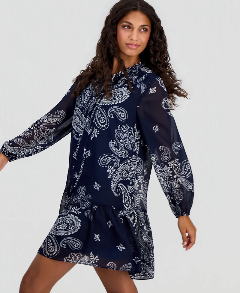 Robbie Bee Petite Printed Chiffon Tie-Neck Tiered Dress