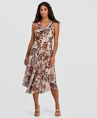 Robbie Bee Petite Printed Chiffon Drape-Neck Midi Dress