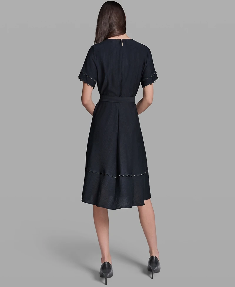 Karl Lagerfeld Paris Women's Belted Nailhead Trim V-Neck Dress