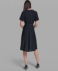 Karl Lagerfeld Paris Women's Belted Nailhead Trim V-Neck Dress