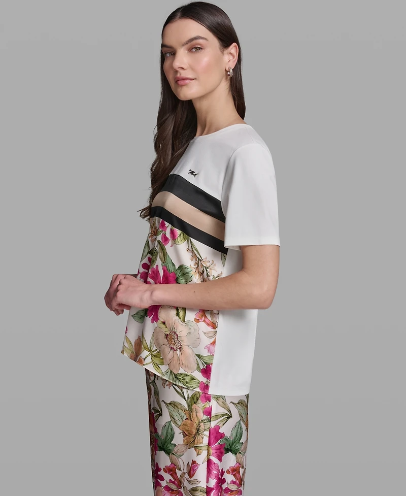 Karl Lagerfeld Paris Women's Short-Sleeve Mixed Media Print Knit Top