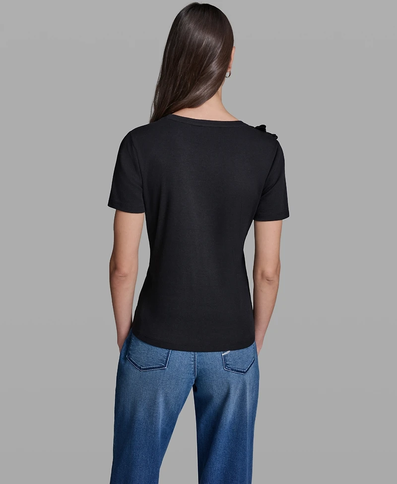Karl Lagerfeld Paris Women's Floral Applique Short-Sleeve Rib Knit Top