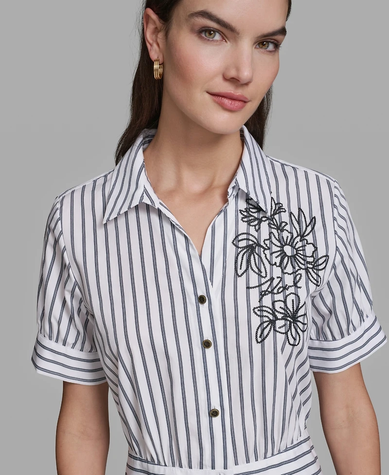 Karl Lagerfeld Paris Women's Poplin Short-Sleeve Collared Striped Cotton Dress
