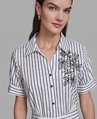 Karl Lagerfeld Paris Women's Poplin Short-Sleeve Collared Striped Cotton Dress