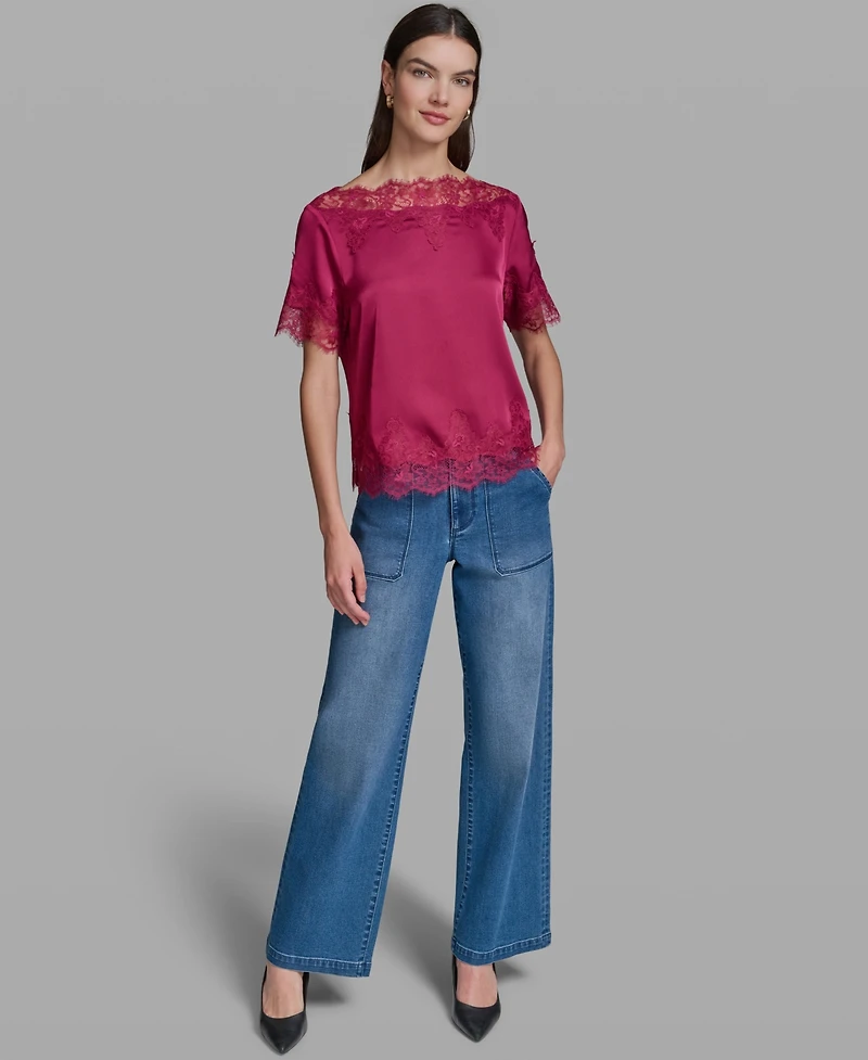 Karl Lagerfeld Paris Women's Short-Sleeve Lace Trim Blouse