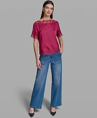 Karl Lagerfeld Paris Women's Short-Sleeve Lace Trim Blouse