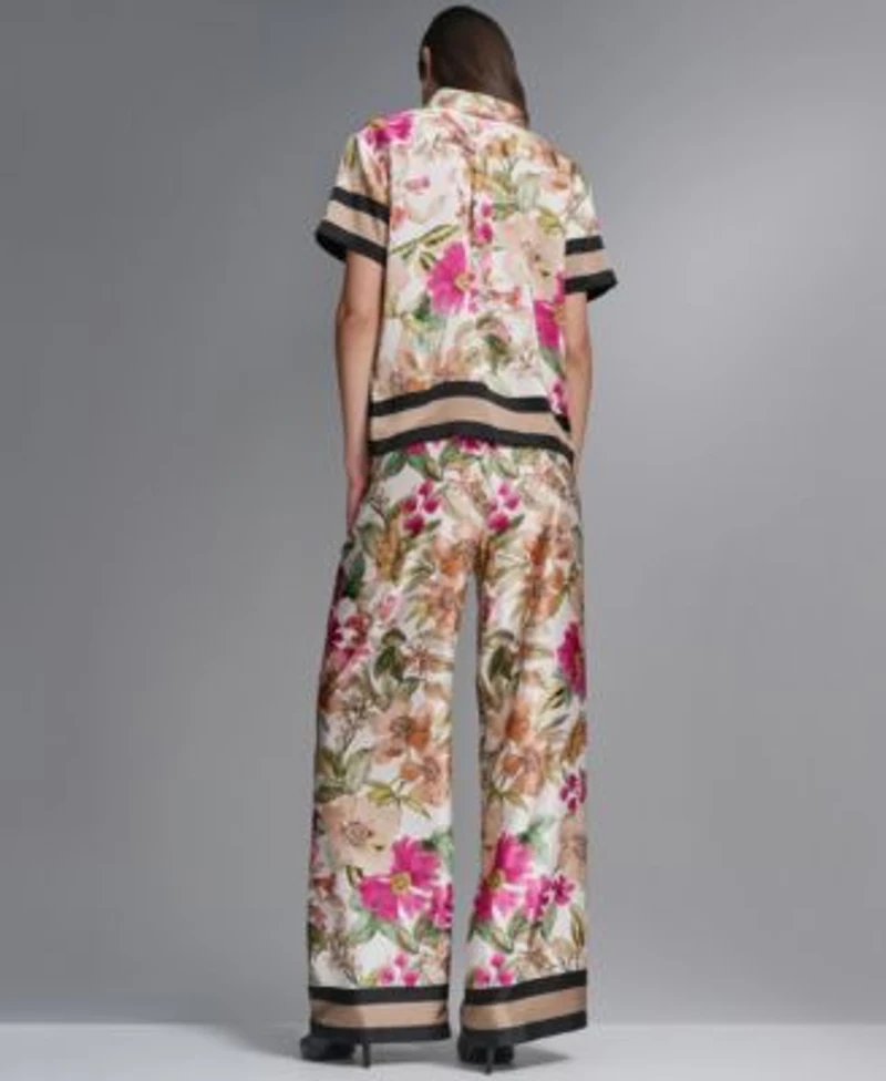 Karl Lagerfeld Paris Womens Short Sleeve Printed Camp Shirt Soft Floral Print Pull On Pants