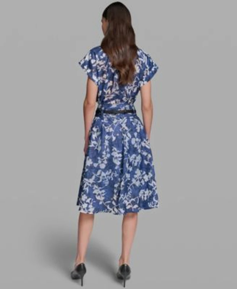 Karl Lagerfeld Paris Womens Bungee Burnout Short Sleeve Woven Shirt Burnout Belted A Line Skirt