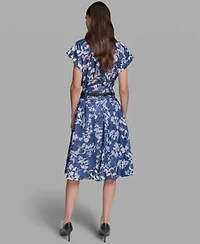 Karl Lagerfeld Paris Womens Bungee Burnout Short Sleeve Woven Shirt Burnout Belted A Line Skirt