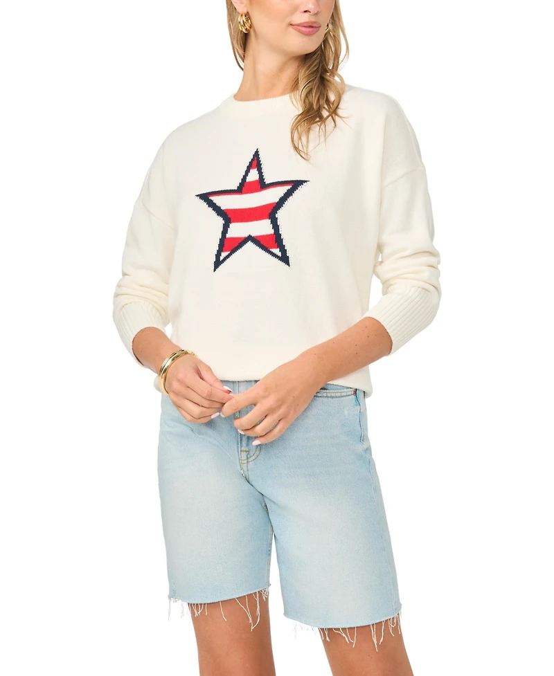 Vince Camuto Women's Star Stripes Motif Crewneck Sweater