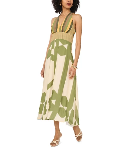 Vince Camuto Women's Mixed-Print V-Neck Maxi Halter Dress