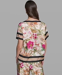 Karl Lagerfeld Paris Petite Printed Oversized Boat Neck Blouse