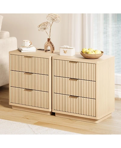 homfan Set of 2 Modern Nightstands, 3-Drawer Light Wood Bedside with Power Outlet and Metal Handles, Storage End Tables Space Saving