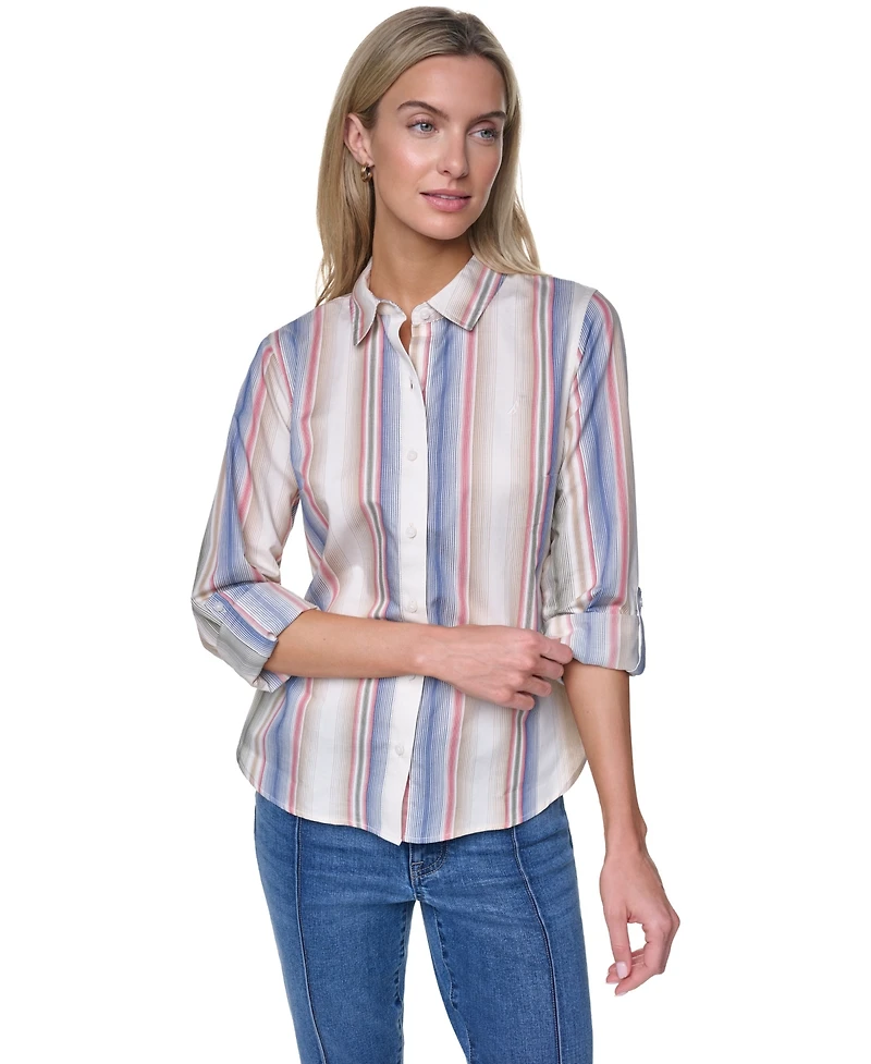 Nautica Women's Cotton-Blend Roll-Tab Button-Front Shirt
