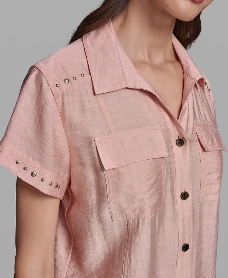 Karl Lagerfeld Paris Women's Short-Sleeve Camp Collar Shirt