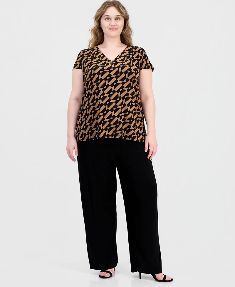 Anne Klein Essentials Plus Printed V-Neck Cap-Sleeve Top