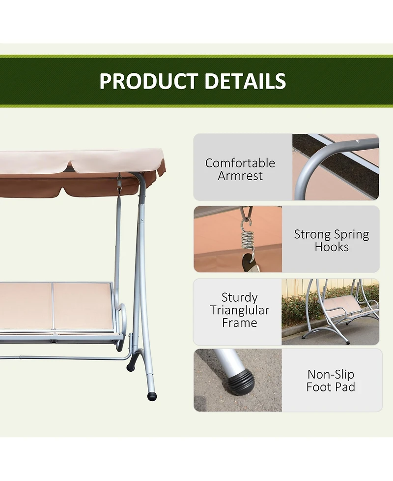 Outsunny 3 Person Patio Swing Chair with Adjustable Canopy