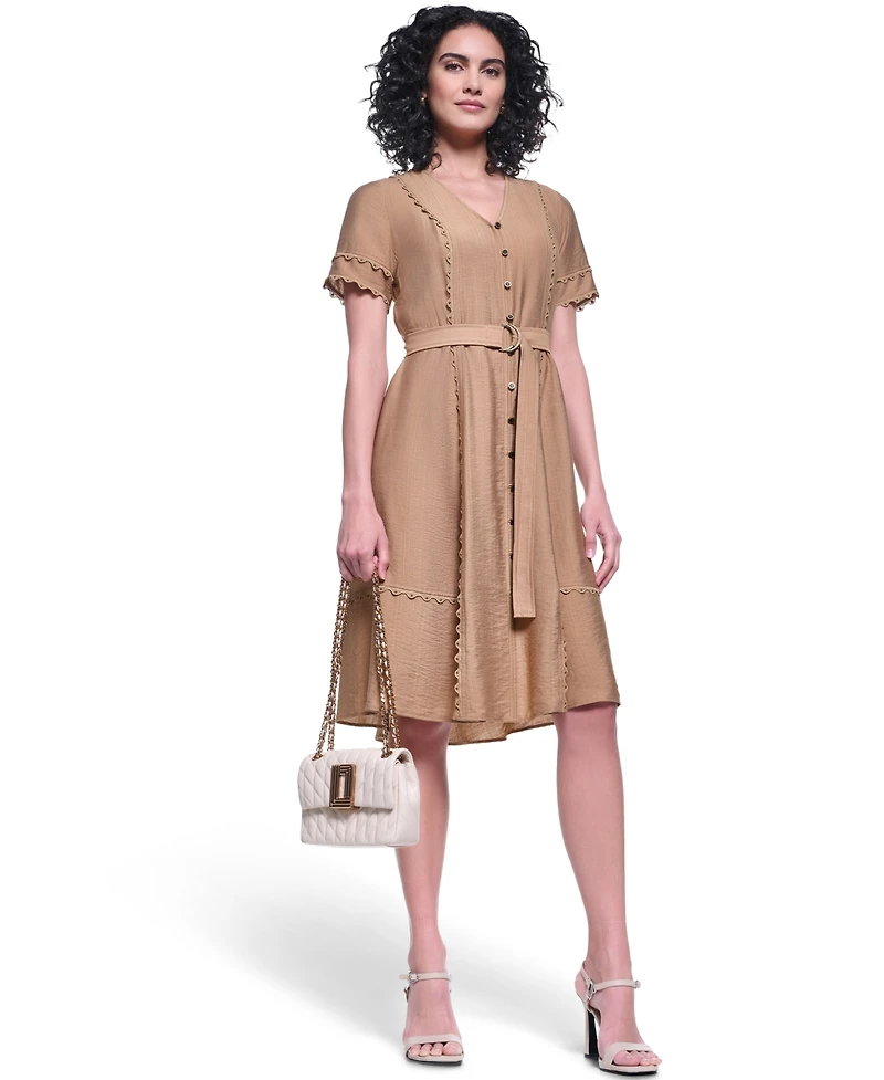Karl Lagerfeld Paris Women's Belted Nailhead Trim V-Neck Dress