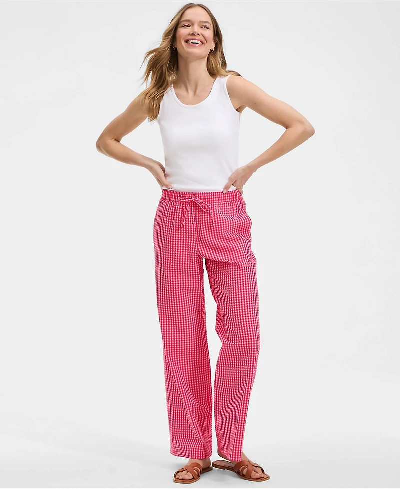 Lands' End Women's Seersucker High Rise Drawstring Wide Leg Pants