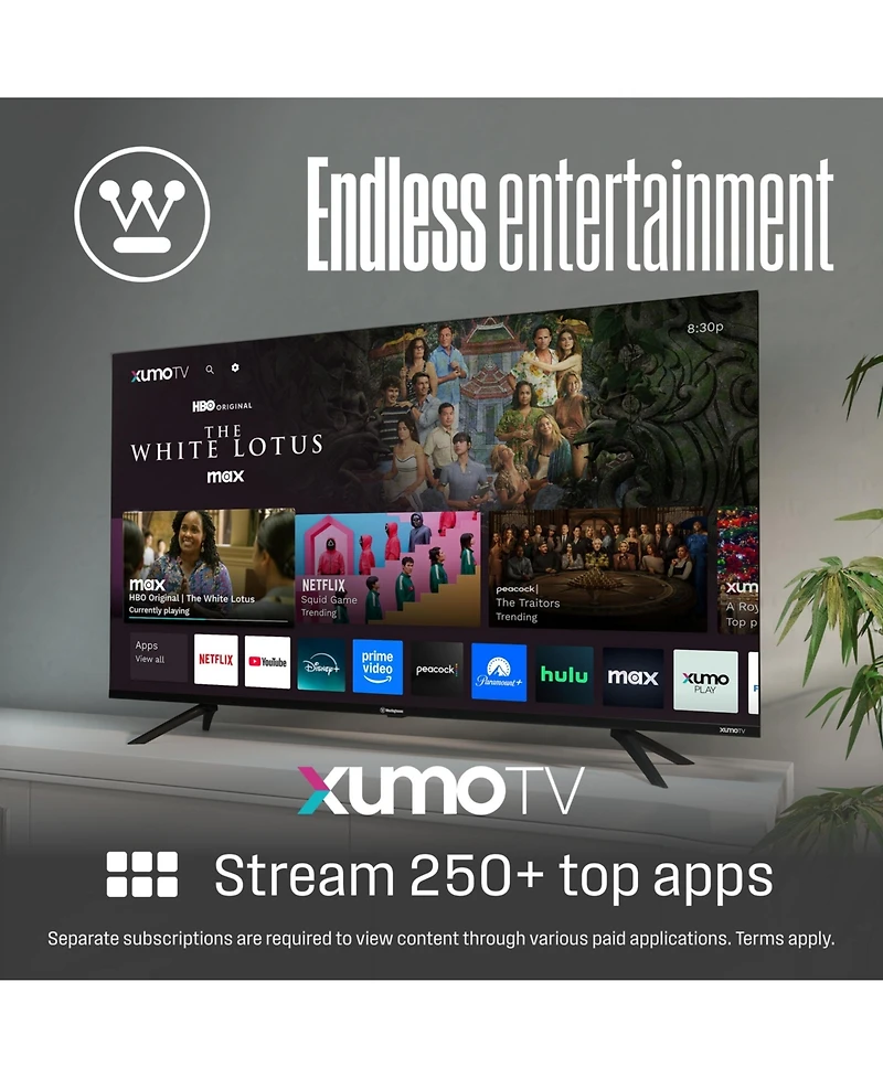 Westinghouse 65" 4K Uhd Xumo Smart Tv with HDR10, Dolby Vision, Voice Remote, Wi-Fi, Apple HomeKit