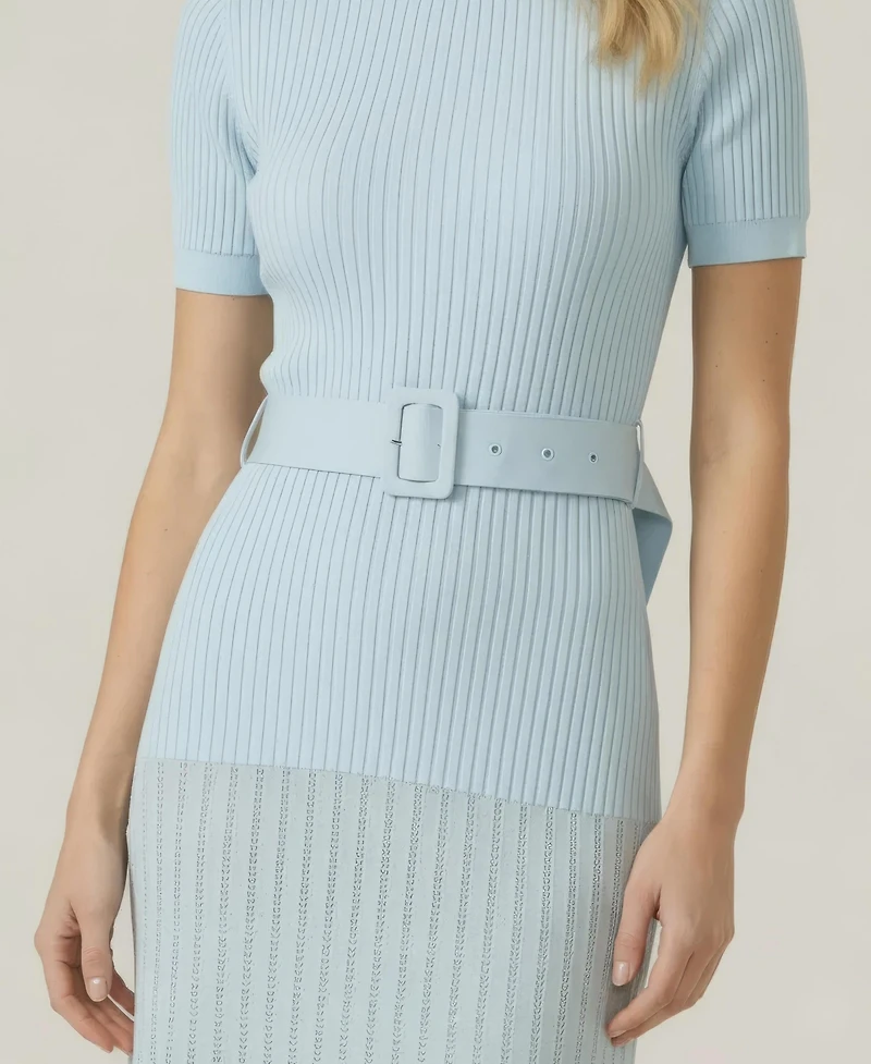 Modenaire Women's Ribbed Knit Belted Pleated Midi Dress