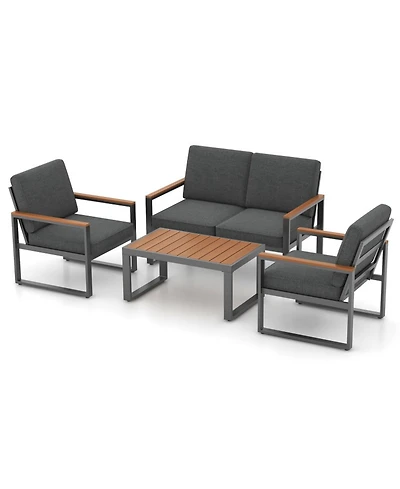 Gouun 4-Piece Outdoor Aluminum Patio Conversation Set with Loveseat, 2 Armchairs and Wood-Plastic Coffee Table