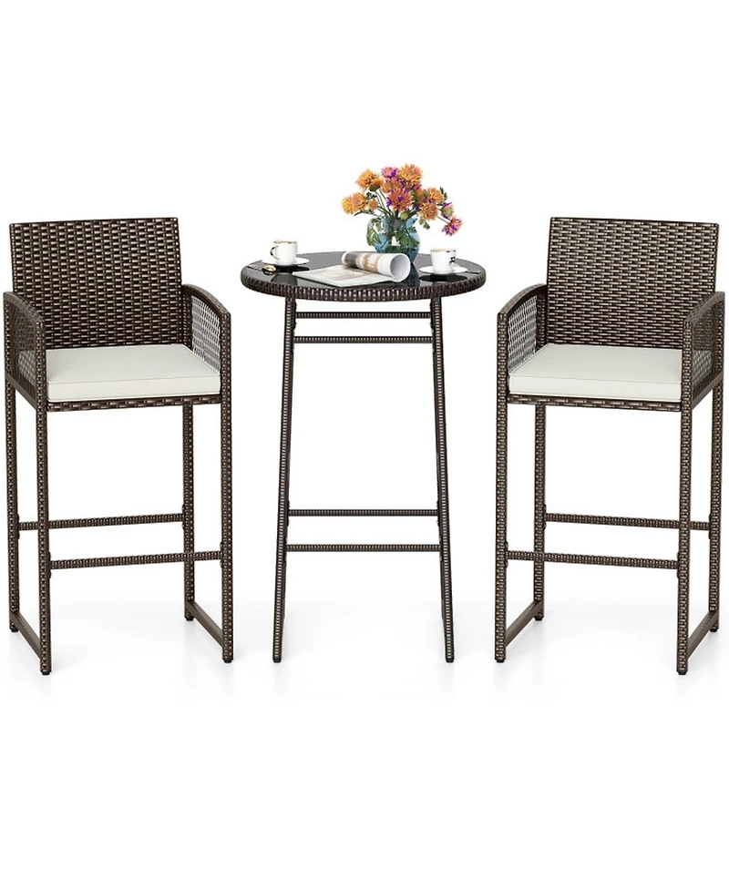 Gouun 3 Piece Outdoor Patio Bar Set with Pe Wicker Bar Height Table and 2 Cushioned Bar Chairs