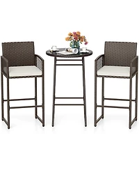 Gouun 3 Piece Outdoor Patio Bar Set with Pe Wicker Bar Height Table and 2 Cushioned Bar Chairs
