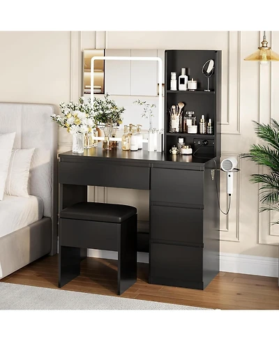gaomon Makeup Vanity Desk, 3-Color Led Mirror, 4 Drawers & Power Outlet, Charging Station, Storage Stool, Open Shelves & Hair Dryer Holder