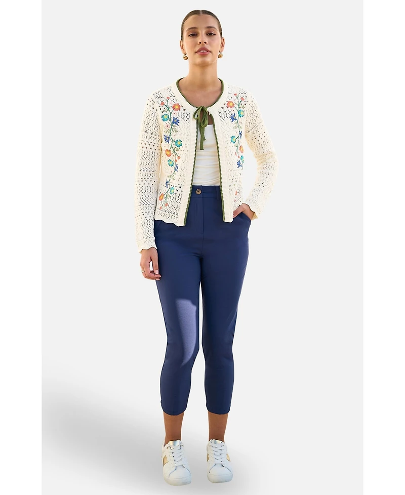 Yumi Women's Crochet Knitted Tie Front Cardigan