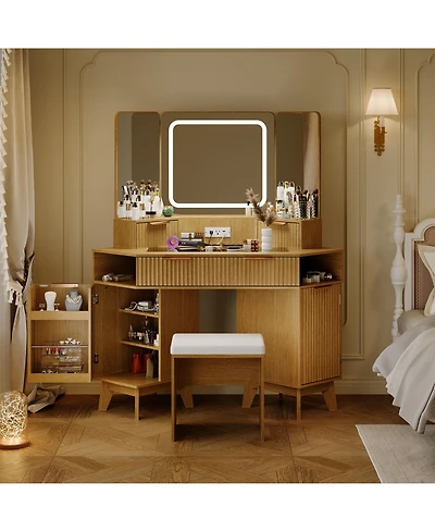 gaomon Corner Makeup Vanity Desk, Modern Vanity Desk with Hd Triple Mirror, Corner Vanitys with Clear Glass Top, Fluted Makeup Vanity Desk