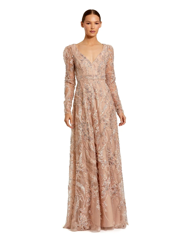Mac Duggal Women's Floral Embroidered V Neck Long Sleeve Gown
