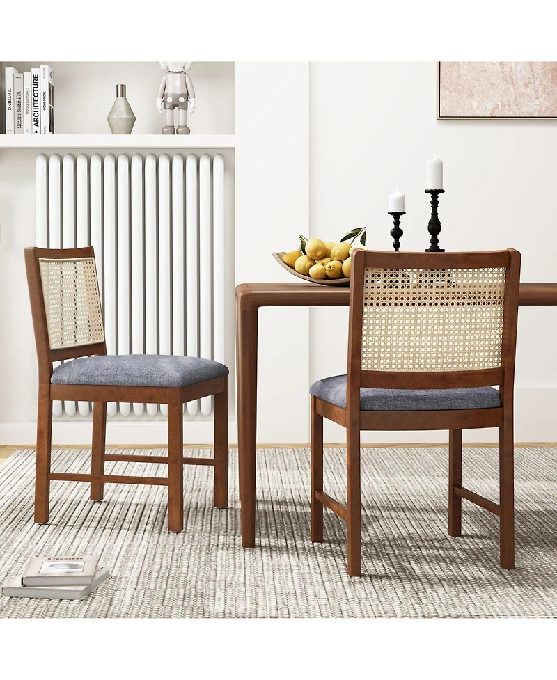 Slickblue Set of 2 Rattan Dining Chairs with Wooden Frame and Linen Fabric Cushioned Seat