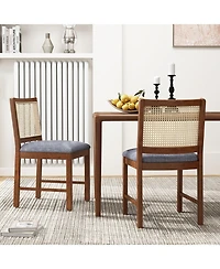 Slickblue Set of 2 Rattan Dining Chairs with Wooden Frame and Linen Fabric Cushioned Seat