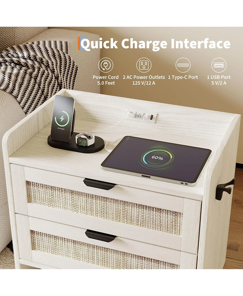 gaomon Adults 2-Drawer Rattan Nightstand - Wood Bedside Table for Bedroom Storage