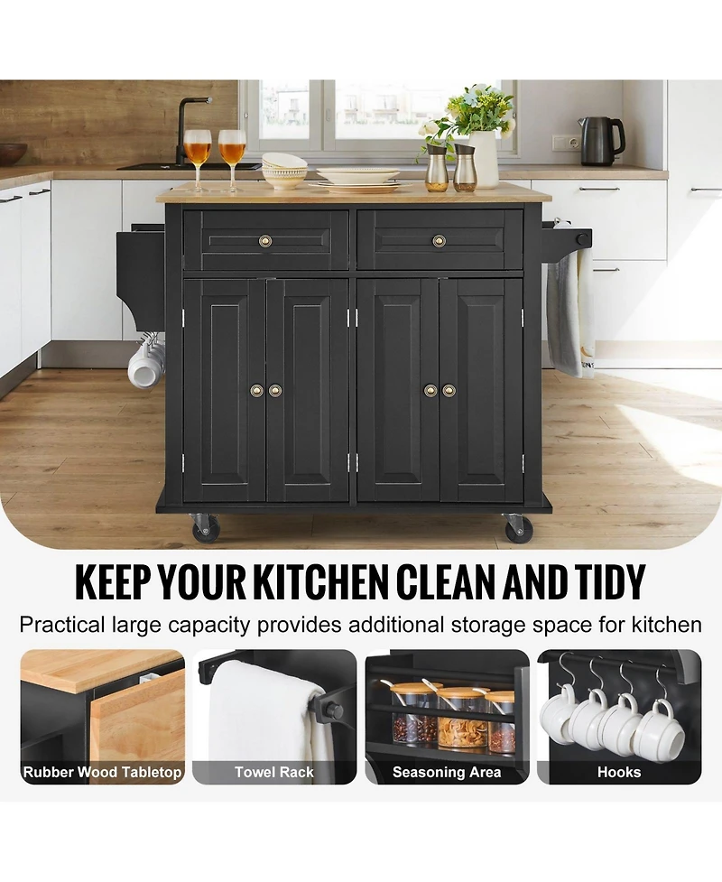 Volenca Kitchen Island Cart with 43" Wood Top, Storage Cabinet, Drop Leaf, Adjustable Shelf, Drawer, Spice Rack, Towel Bar, Hooks, Black