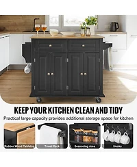 Volenca Kitchen Island Cart with 43" Wood Top, Storage Cabinet, Drop Leaf, Adjustable Shelf, Drawer, Spice Rack, Towel Bar, Hooks, Black