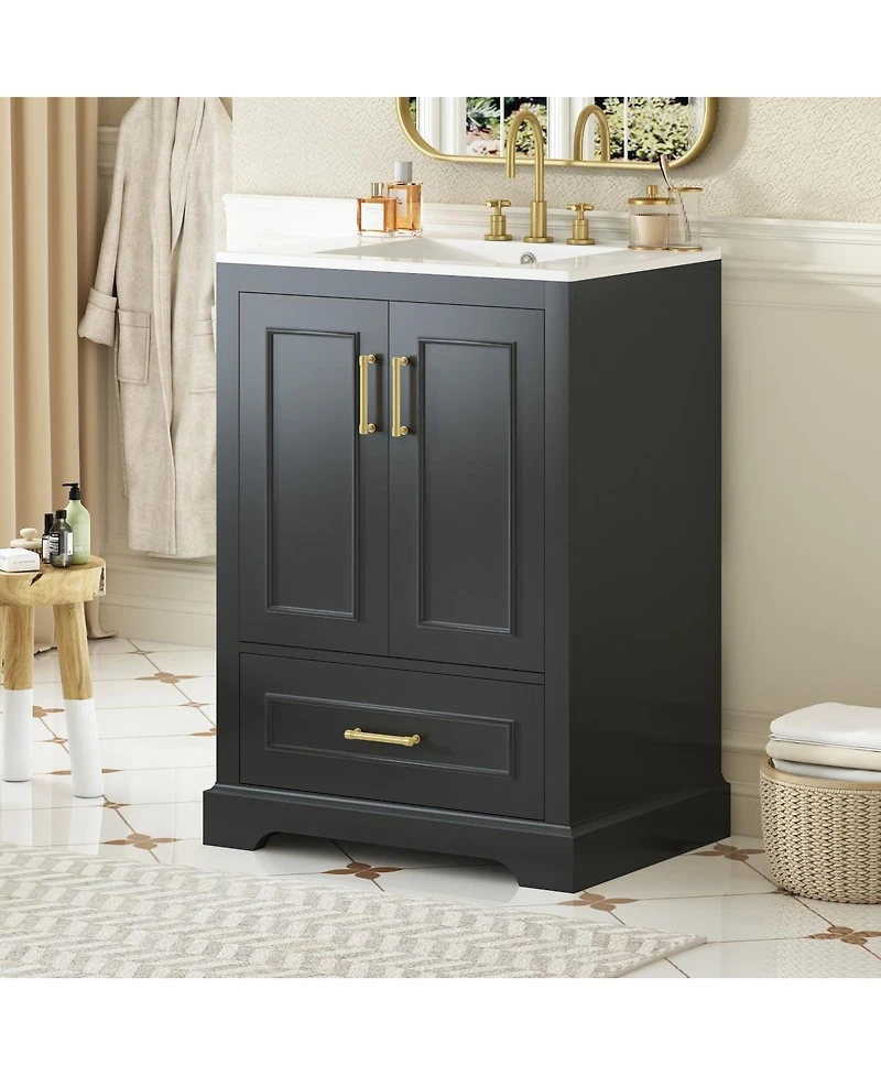 Sillysis 24 Inch Bathroom Vanity with Ceramic Sink, Solid Wood Cabinet, Soft Close Doors and Divided Drawer for Small Bathrooms