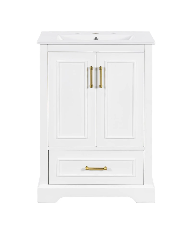 Sillysis 24 Inch Bathroom Vanity with Ceramic Sink, Solid Wood Cabinet, Soft Close Doors and Divided Drawer for Small Bathrooms