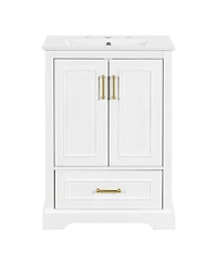Sillysis 24 Inch Bathroom Vanity with Ceramic Sink, Solid Wood Cabinet, Soft Close Doors and Divided Drawer for Small Bathrooms
