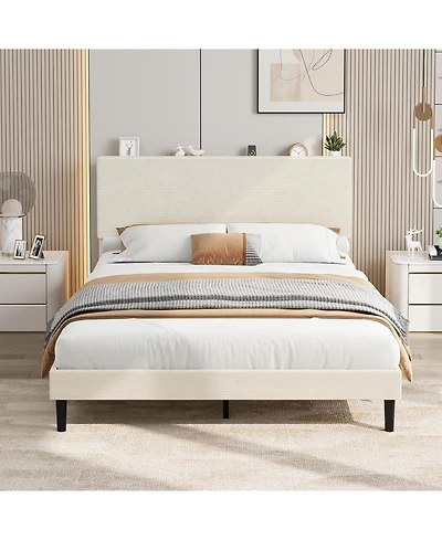 gaomon Bed Frame with Usb Charging Station, Corduroy Upholstered Platform Adjustable Storage Headboard