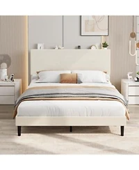 Gaomon Bed Frame With Usb Charging Station Corduroy Upholstered Platform Bed Frame With Adjustable Storage Headboard Wooden Slats Support