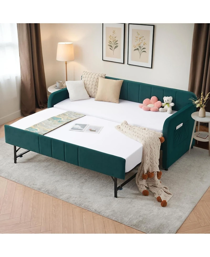 Rainsken Twin Daybed with Trundle, Velvet Upholstered Sofa Bed Frame Usb Port, Side Pockets and Wood Slat Support for Living Room