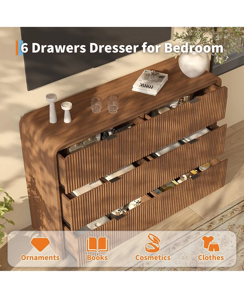 gaomon Fluted 6 Drawer Dresser, Modern Bedroom Dresser with Rounded Edge, Walnut Wood Color Wide Chest of Drawers, for Living Room, Hallway