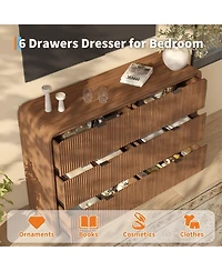 gaomon Fluted 6 Drawer Dresser, Modern Bedroom Dresser with Rounded Edge, Walnut Wood Color Wide Chest of Drawers, for Living Room, Hallway
